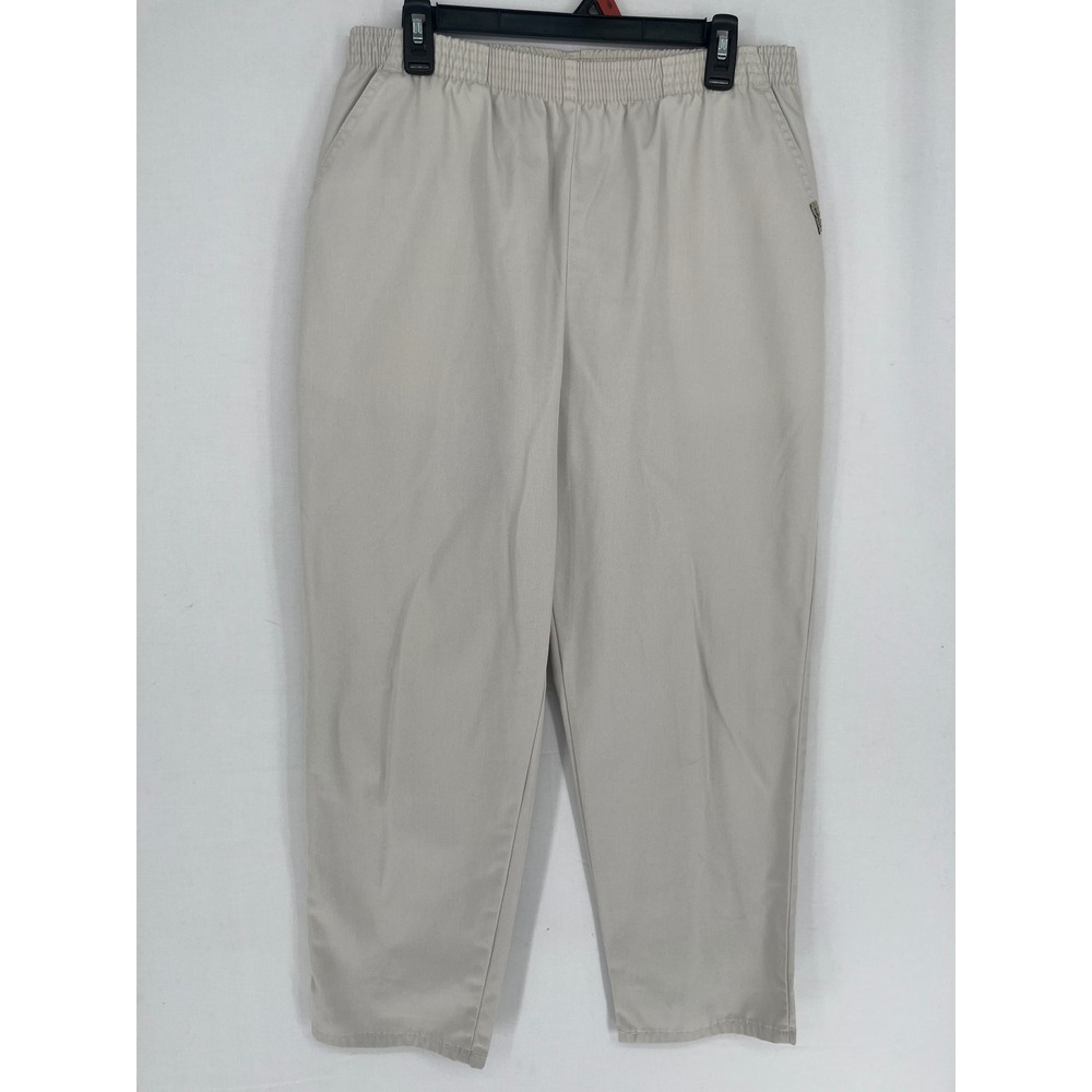 Chic Women 14 Petite Pants Tan Beige Elastic Waist Cotton Twill Straight Leg